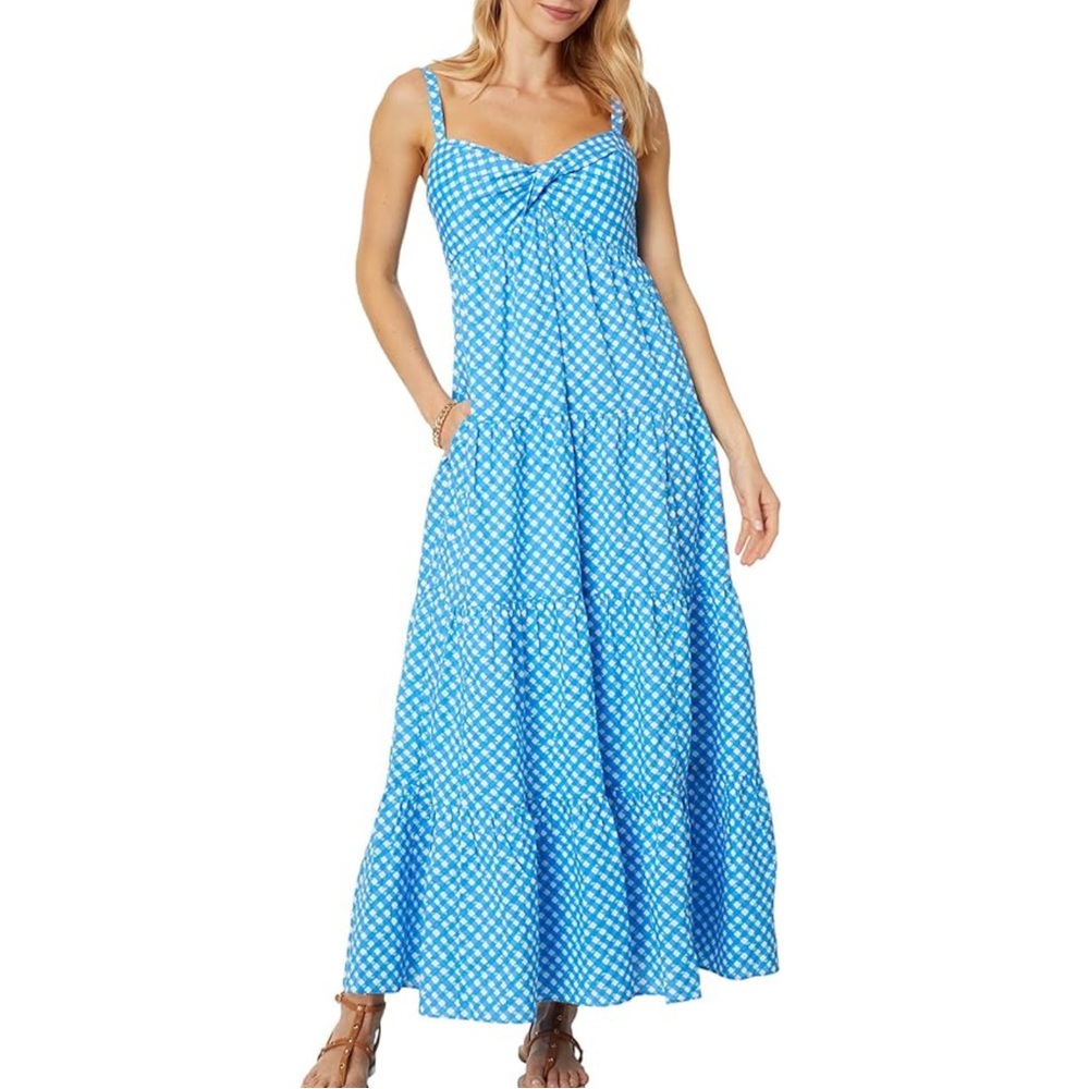 Lilly Pulitzer Shylee Cotton Maxi Dress Size 0 Pockets Boca Blue Double Checking